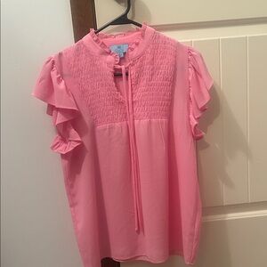 CeCe Pink Smocked Yoke Ruffle Sleeve Tie-Neck Blouse
